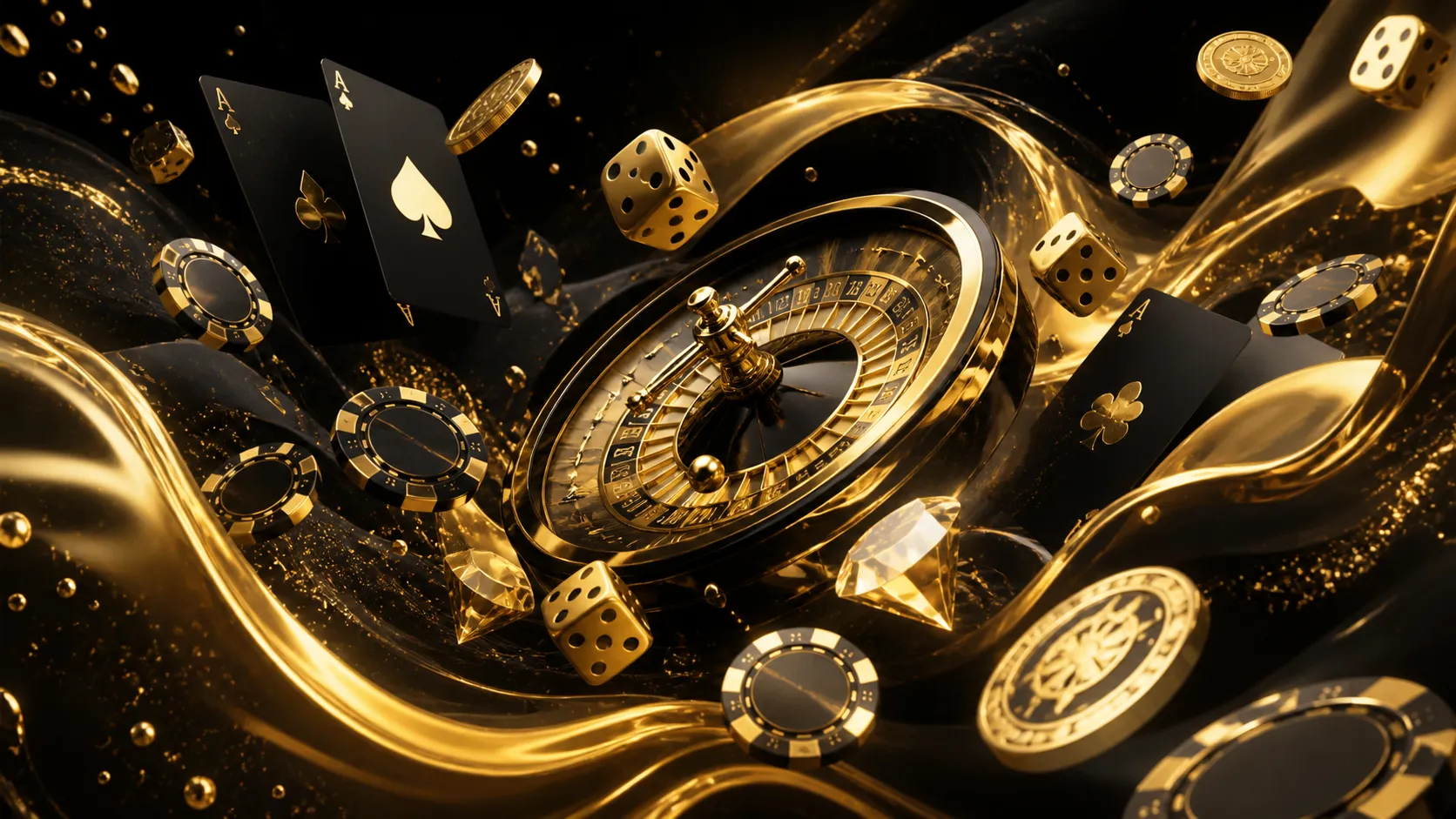 A stunning, premium casino hero banner showcasing floating poker chips, fanned playing cards, and glowing roulette wheel with